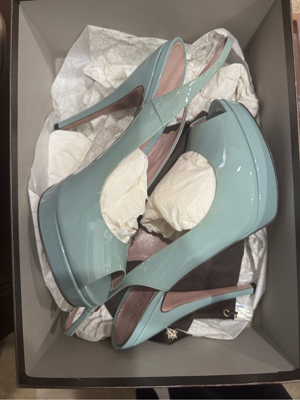 Gucci Mint Green Patent Leather Peep-Toe Slingback Heels